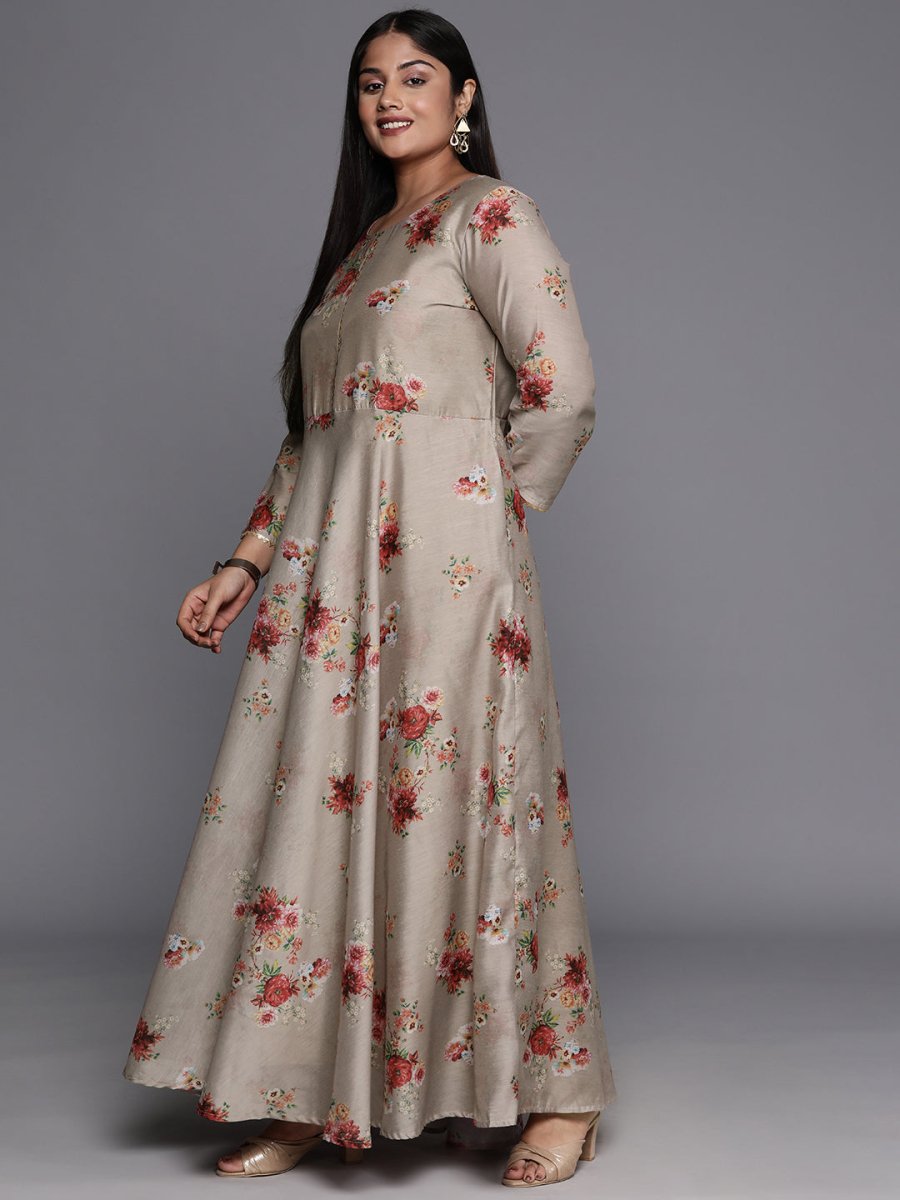 Ahalyaa Plus Size Round Neck Maxi Ethnic Dress With Dupatta | Grocsy