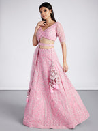 House of Panchhi Pink Net Sequins, Zarkan And Thread Embroidery Lehenga Choli & Dupatta | Grocsy