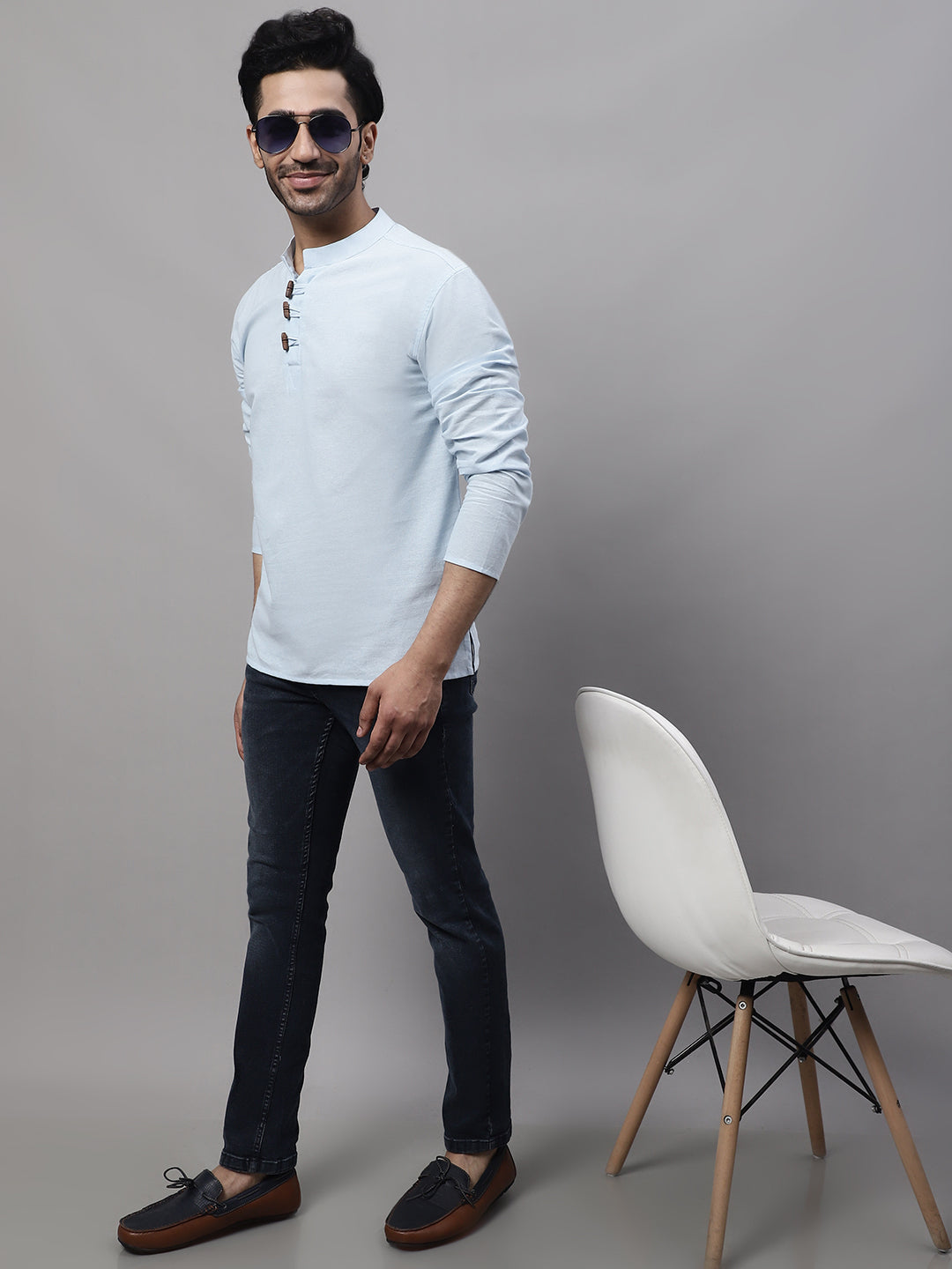 Even Apparels Blue Pure Cotton Kurta With Band Collar | Grocsy