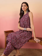 InWeave Maroon Navy Ajrakh Foil Round Neck Kurta Pant Set | Grocsy