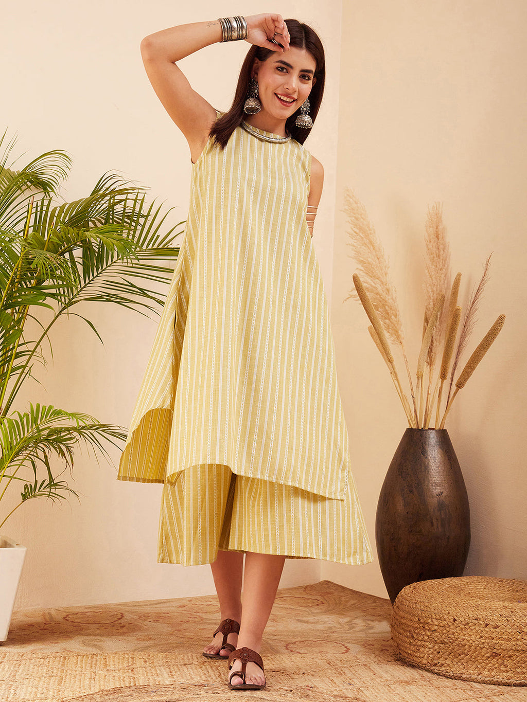 InWeave Women's Light Yellow Lurex Kantha Mandarin Neck Kurta Palazzo Set | Grocsy