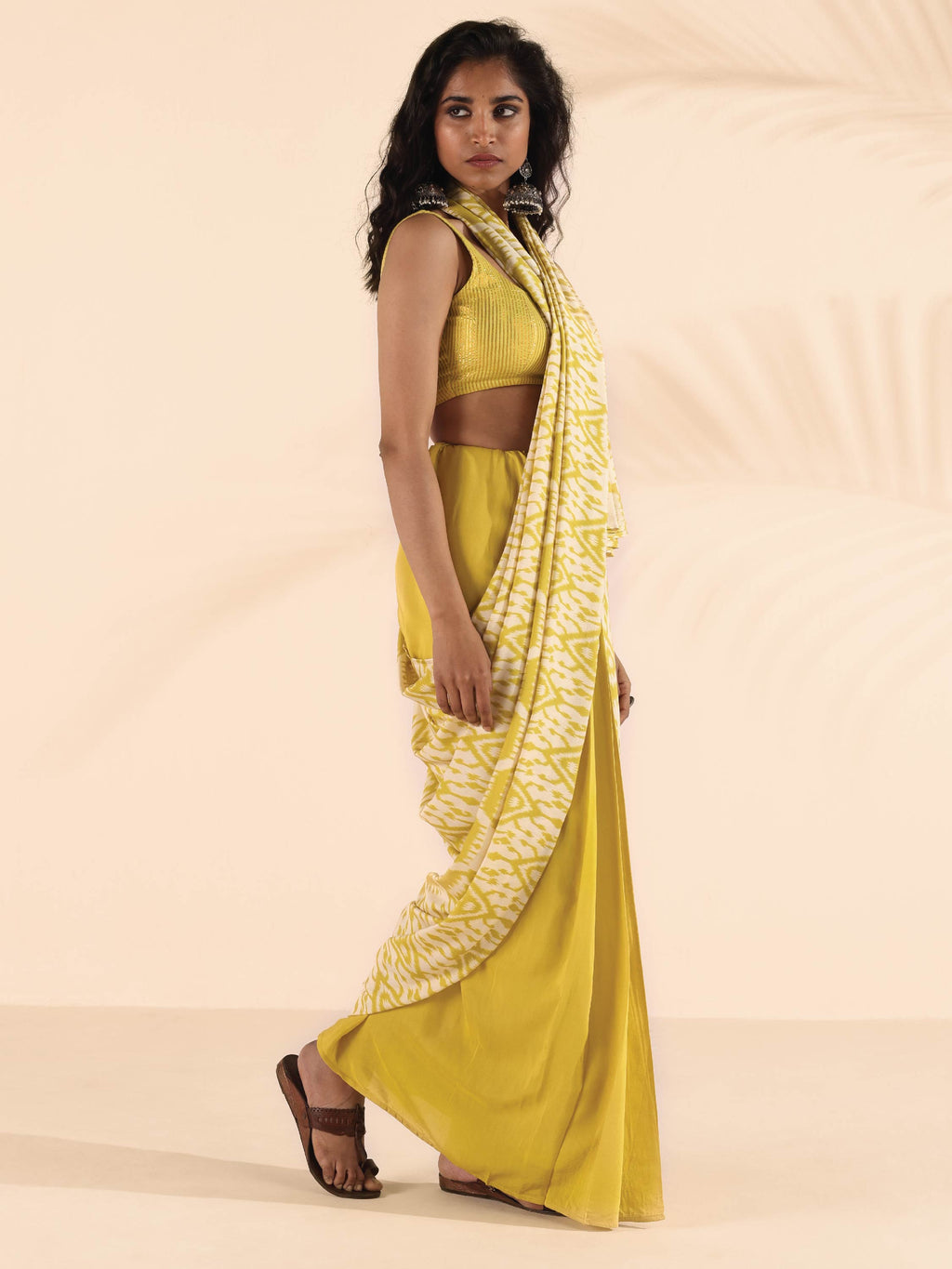 trueBrowns Lime Muslin Ikat Saree | Grocsy