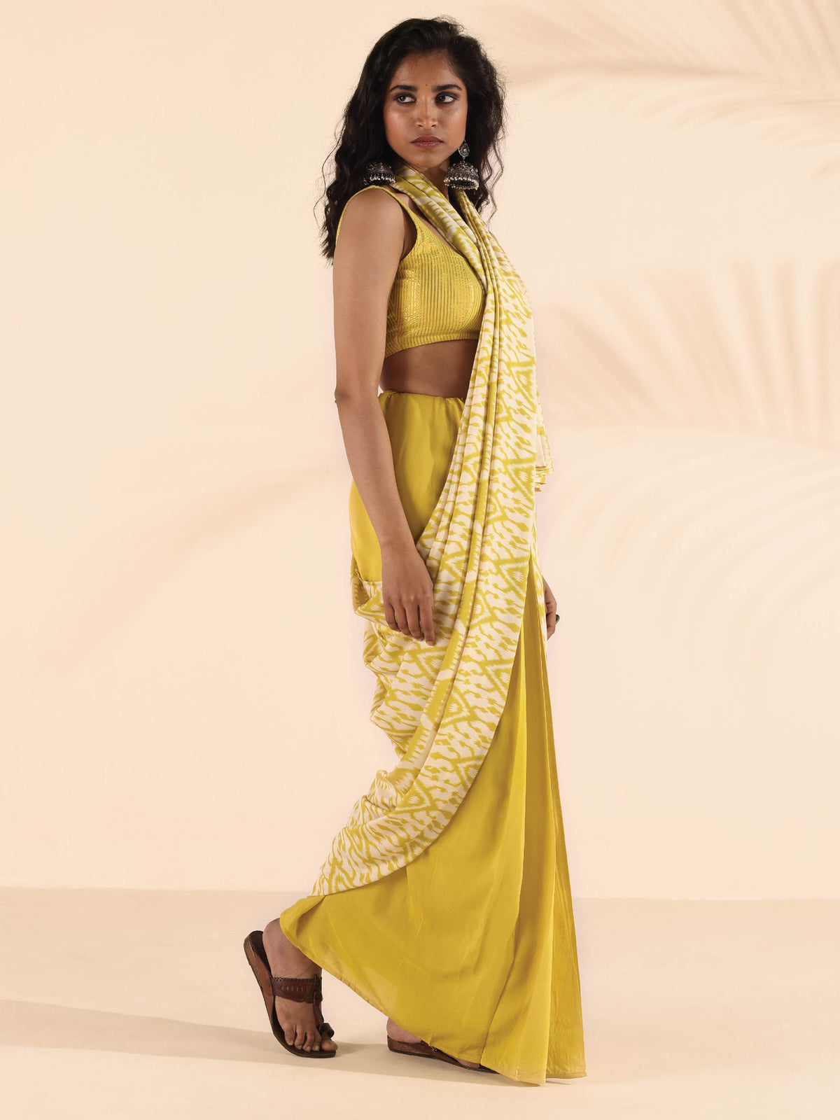 trueBrowns Lime Muslin Ikat Saree | Grocsy