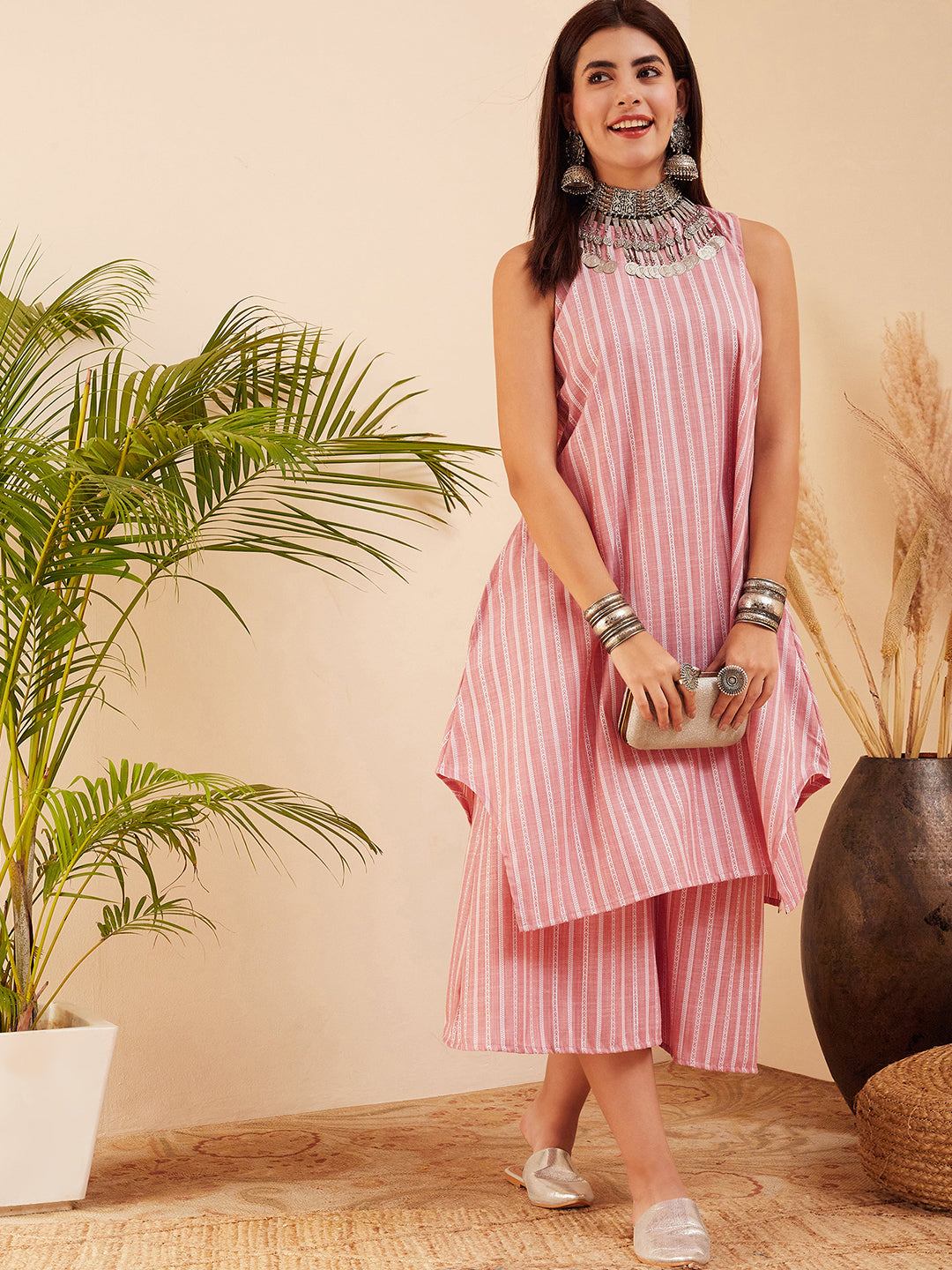 InWeave Women's Light Pink Lurex Kantha Mandarin Neck Kurta Palazzo Set | Grocsy