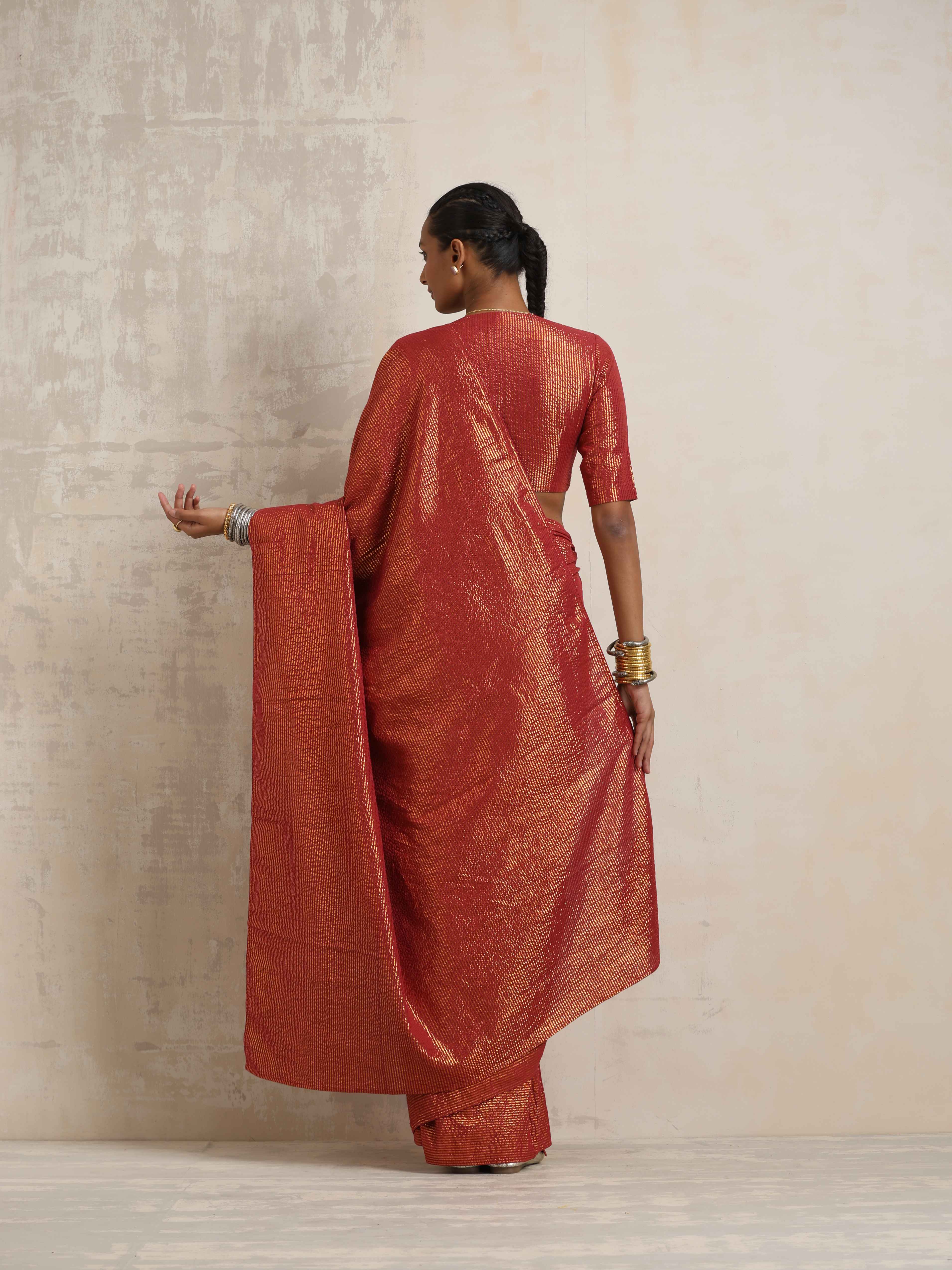 trueBrowns Maroon Gold Metallic Ready To Wear Saree | Grocsy