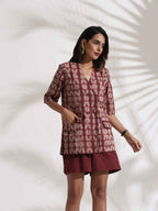 trueBrowns Brown Cotton Print Jacket Top & Short Co-ord Set | Grocsy