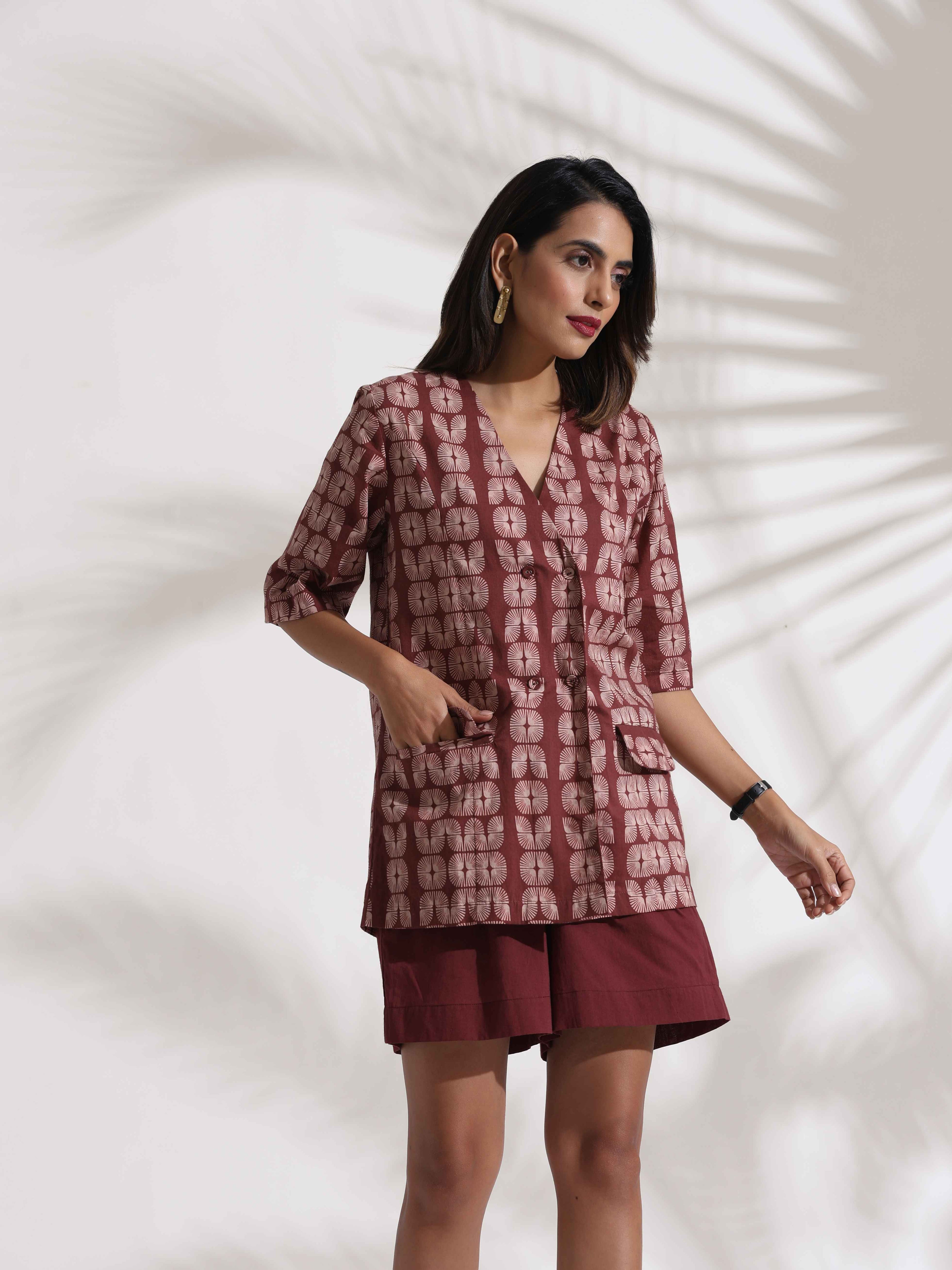 trueBrowns Brown Cotton Print Jacket Top & Short Co-ord Set | Grocsy