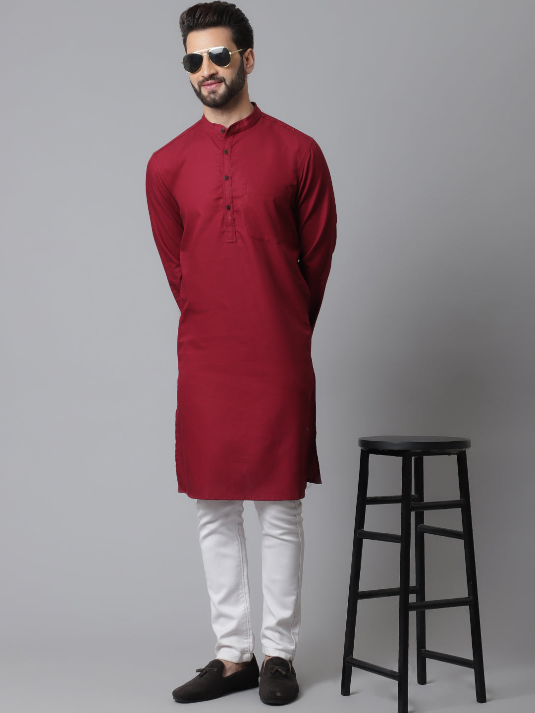 Even Apparels Maroon Pure Cotton Kurta With Band Collar | Grocsy