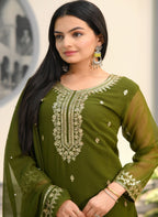 Teeya Creation Mehndi Color Faux Georgette Silk Heavy Embroidery Work Fully Stitched Salwar Suit | Grocsy