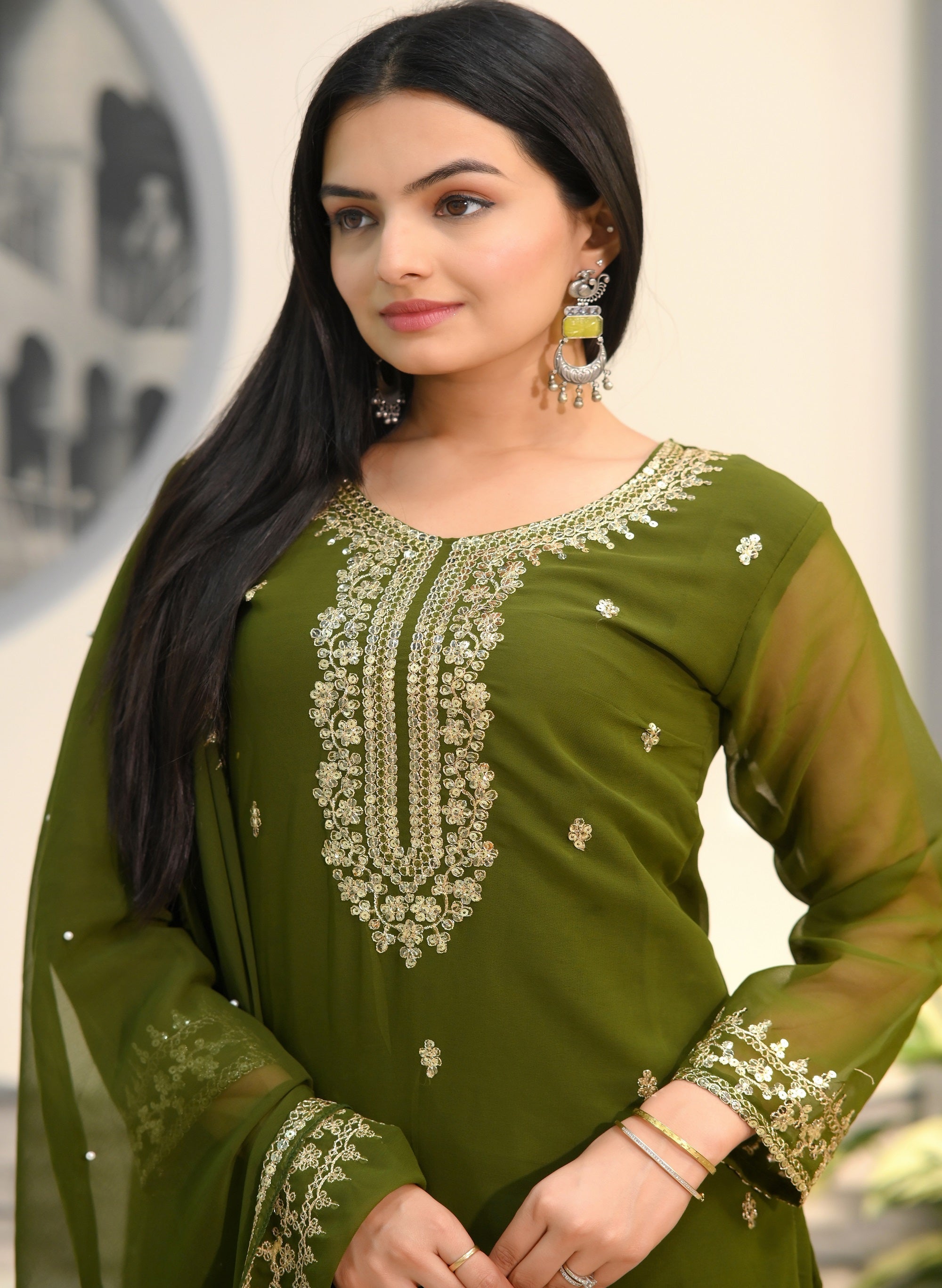 Teeya Creation Mehndi Color Faux Georgette Silk Heavy Embroidery Work Fully Stitched Salwar Suit | Grocsy