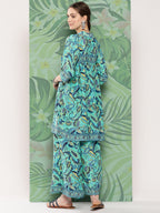 InWeave Women's Turquoise Blue Camelia Printed Ethnic Kurta Set | Grocsy
