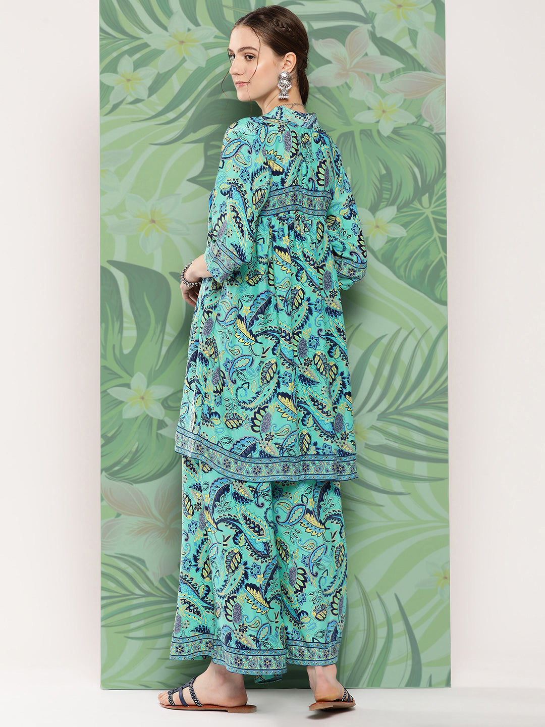 InWeave Women's Turquoise Blue Camelia Printed Ethnic Kurta Set | Grocsy
