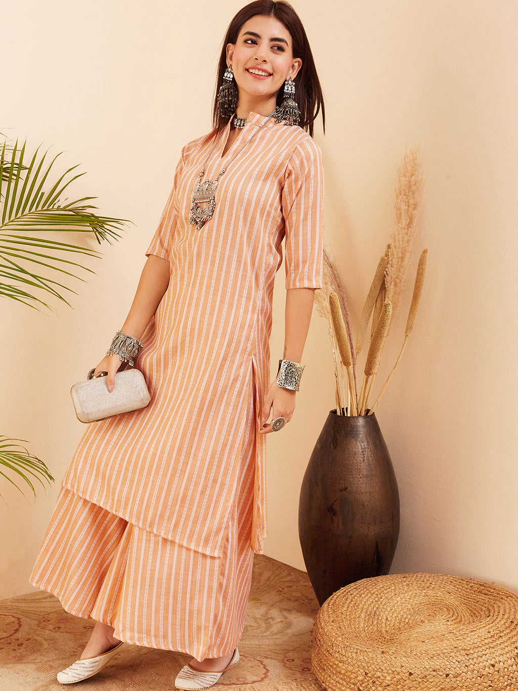 InWeave Women's Light Mustard Lurex Kantha Mandarin Neck Kurta Palazzo Set | Grocsy