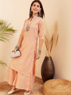 InWeave Women's Light Mustard Lurex Kantha Mandarin Neck Kurta Palazzo Set | Grocsy