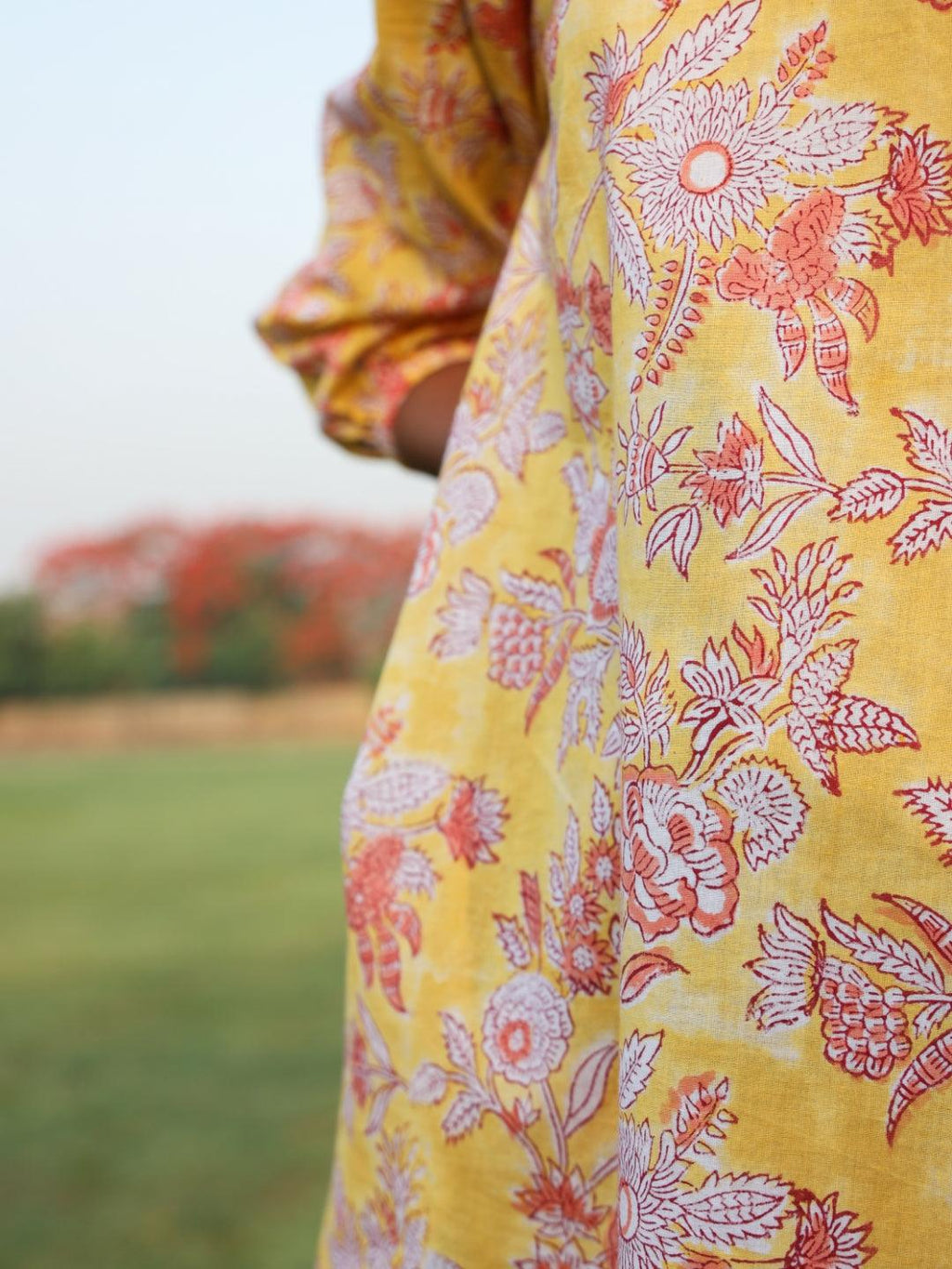 trueBrowns Yellow Cotton Block Print V-Square Neck Co-Ord Set | Grocsy
