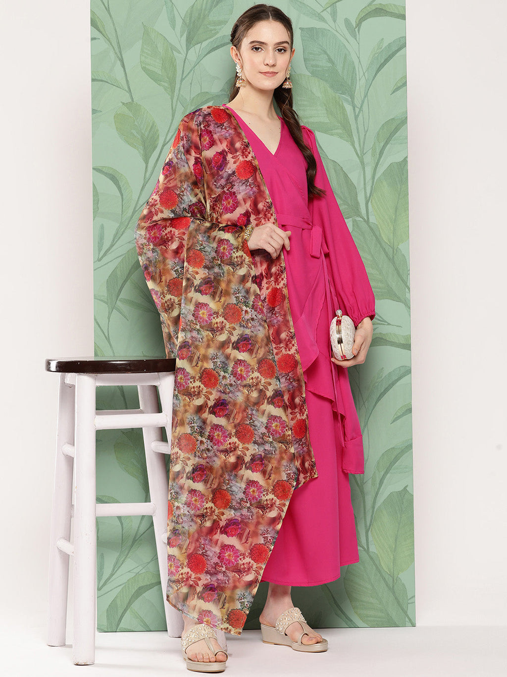 InWeave Women's Magenta Tie Up Kurta Set W Camel Brown Or Dupatta | Grocsy
