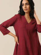 trueBrowns Ruby Wine Slub Texture Back Pleat Kurta Pant Set | Grocsy