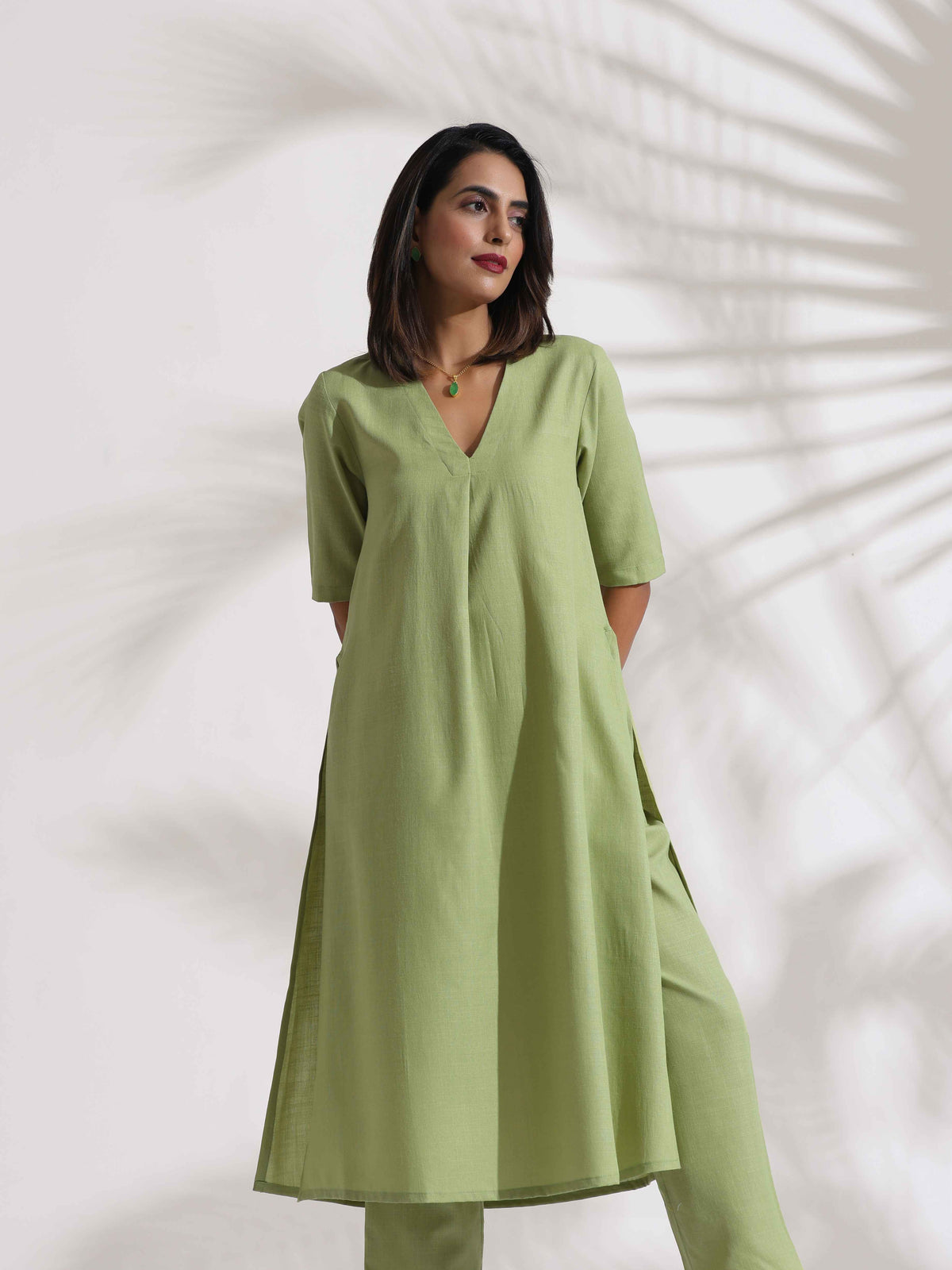 trueBrowns Green Slub Kurta Set | Grocsy