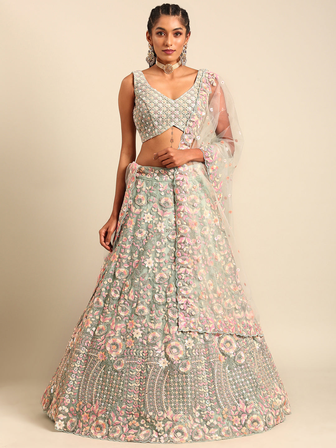 House of Panchhi Sea green Net Multi Sequins with heavy Zarkan embroidery Lehenga choli & Dupatta | Grocsy