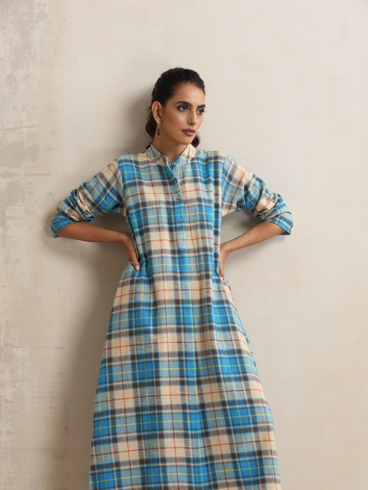 trueBrowns Beige Check Flared Winter Dress | Grocsy