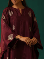 trueBrowns Wine Geometric Viscose Silk Kaftan Kurta Pant Set | Grocsy