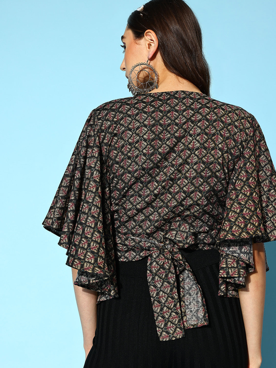 InWeave Women's Black Foil Print Bell Sleeves Top | Grocsy