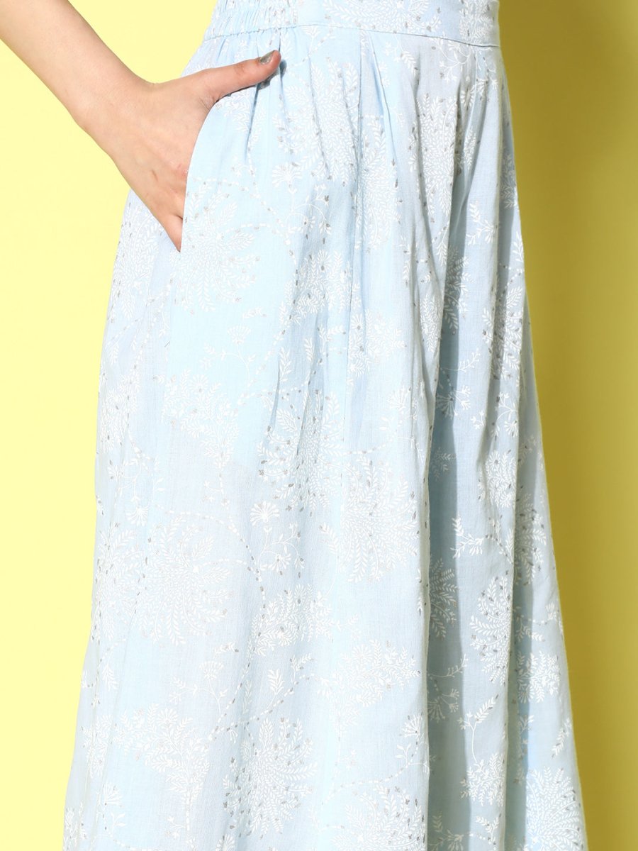 Ahalyaa Women Off White & Blue Floral Printed Flared Ethnic Palazzos | Grocsy