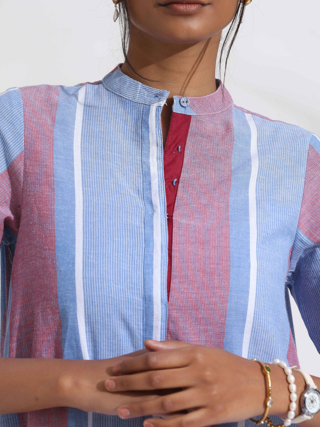 trueBrowns Blue Cotton Stripe Straight Kurta Set | Grocsy