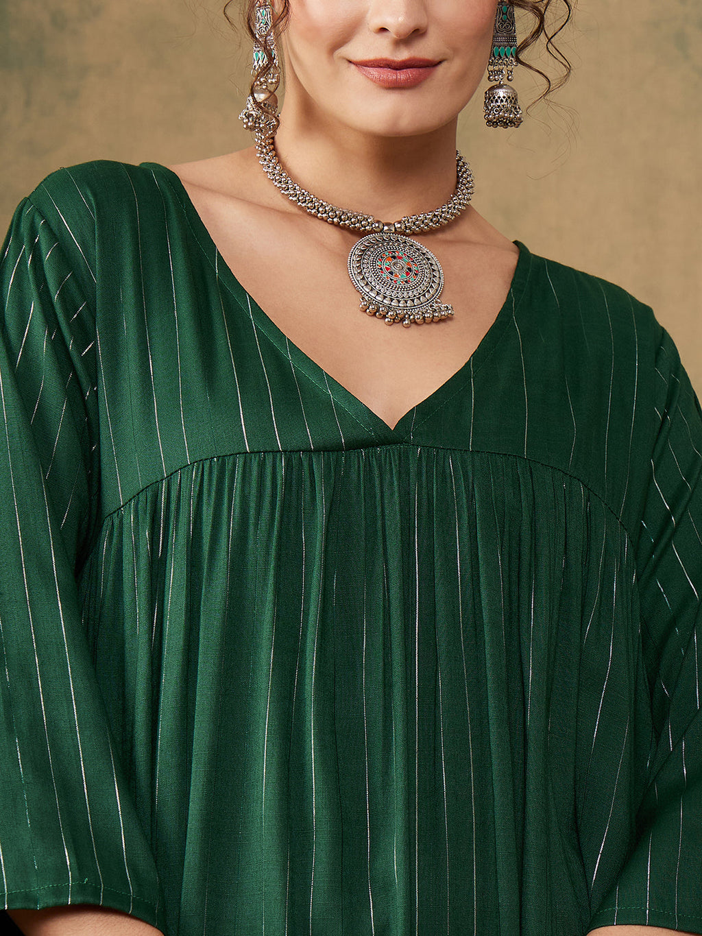 InWeave Women's Pine Green Lurex Flared V Neck Kurta Palazzo Set | Grocsy