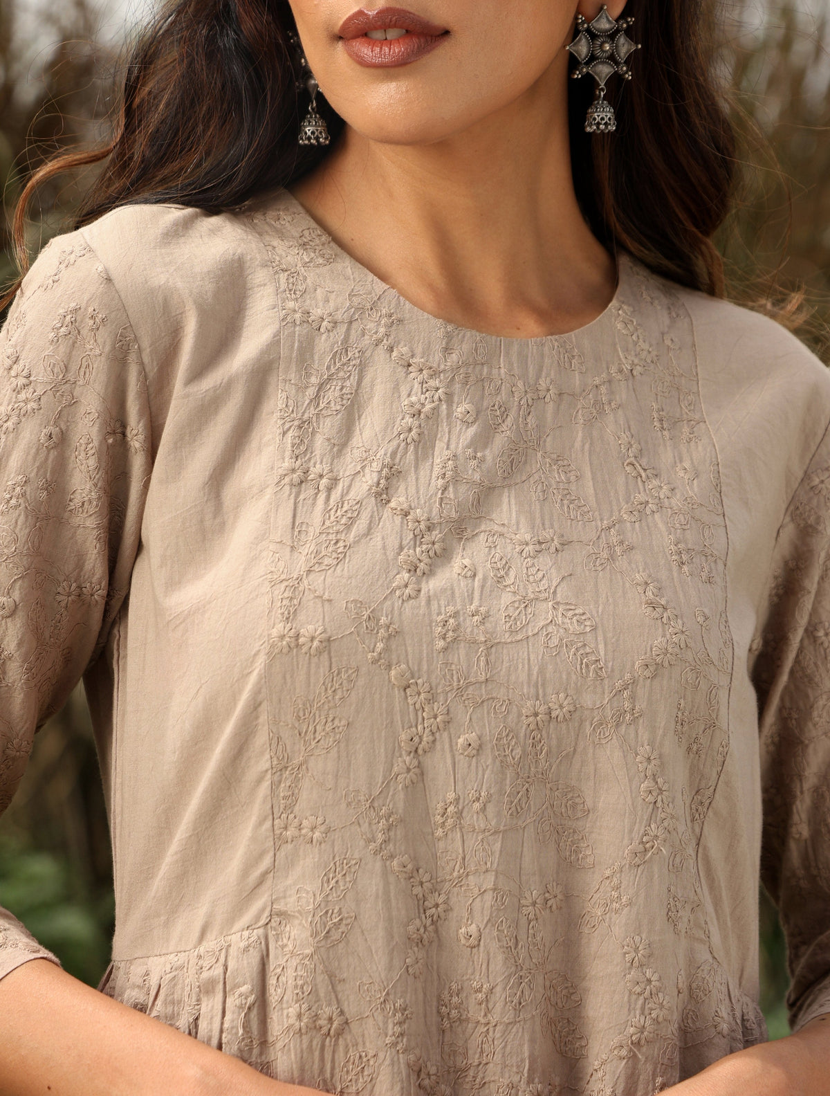trueBrowns Khaki Cotton Embroidered Co-ord Set | Grocsy