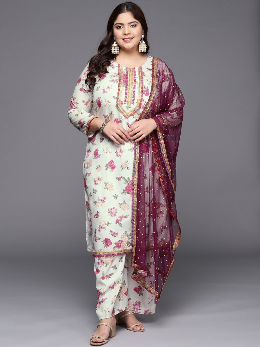 Ahalyaa Plus Size Floral Printed Zari Kurta with Palazzos & With Dupatta | Grocsy