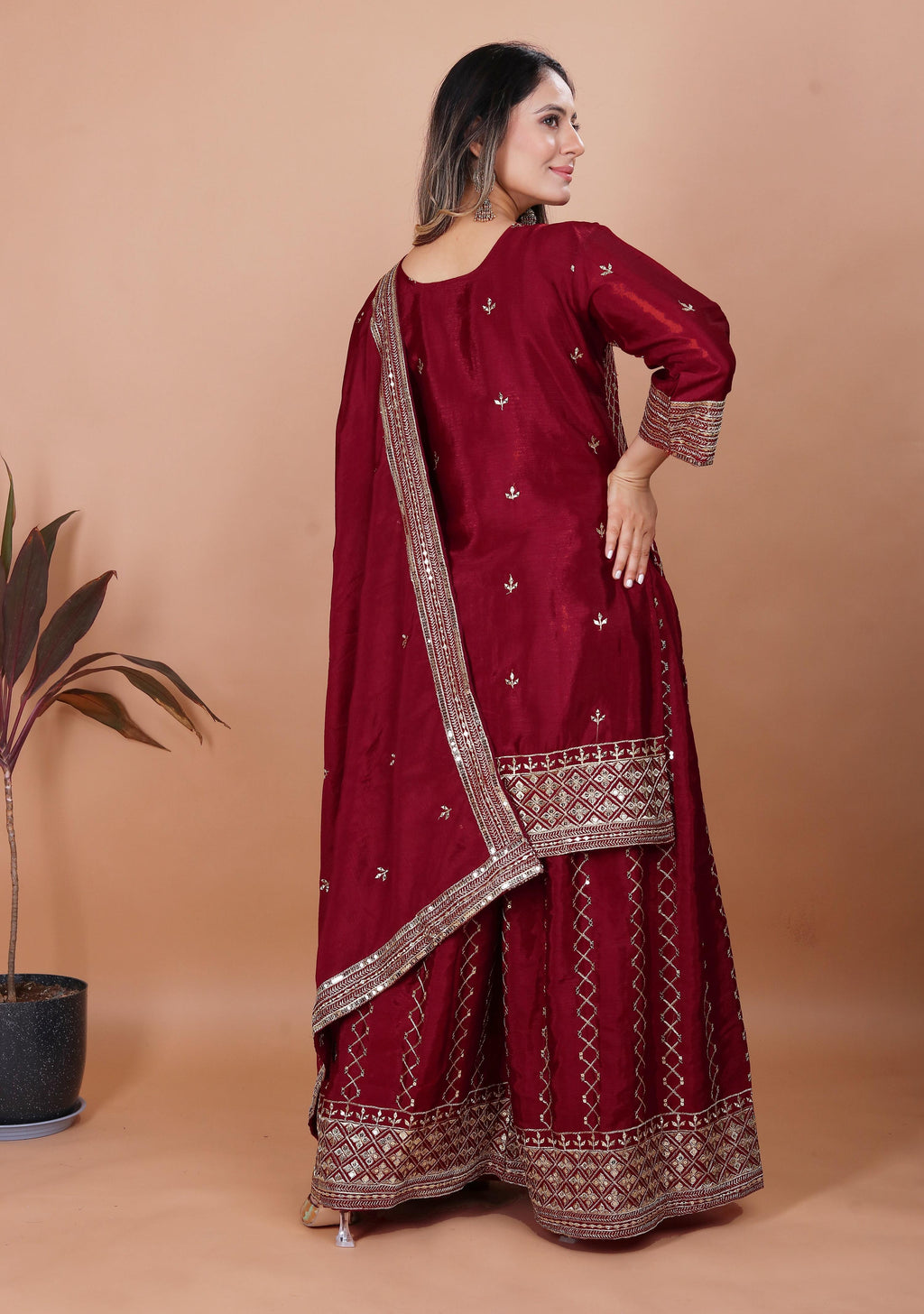 Yash Enterprise Maroon Chinon Silk Party Wear Embroidery Suit Set | Grocsy