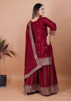 Yash Enterprise Maroon Chinon Silk Party Wear Embroidery Suit Set | Grocsy