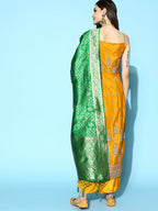 InWeave Women's Mustard Foil Print Strappy With Green Brocade Dupatta | Grocsy