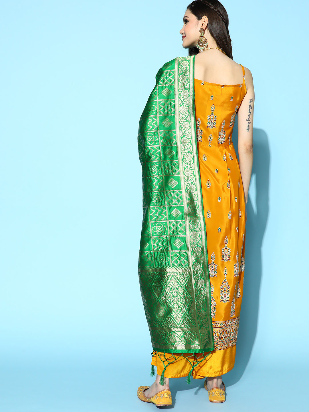 InWeave Women's Mustard Foil Print Strappy With Green Brocade Dupatta | Grocsy