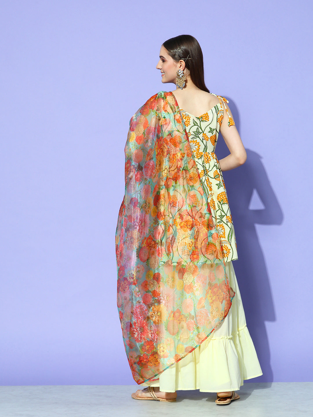 InWeave Women's Off White Yellow Floral Print Tie Up Kurta Sharara Set With Dupatta | Grocsy