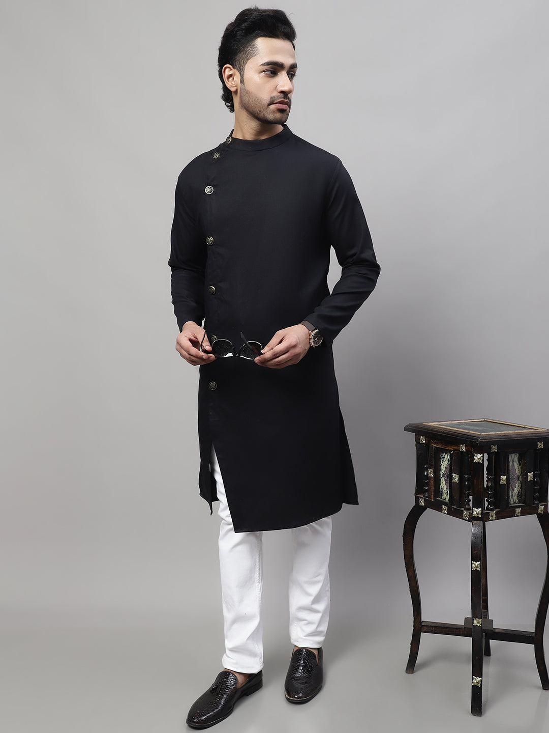 Even Apparels Black Sherwani Kurta With Asymetrical Cut | Grocsy
