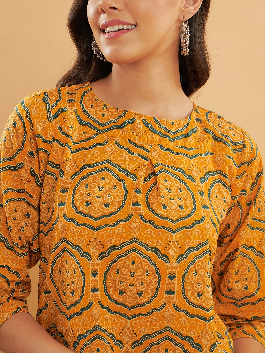 InWeave Women's Haldi Yellow Mughal Kalamkari Top | Grocsy