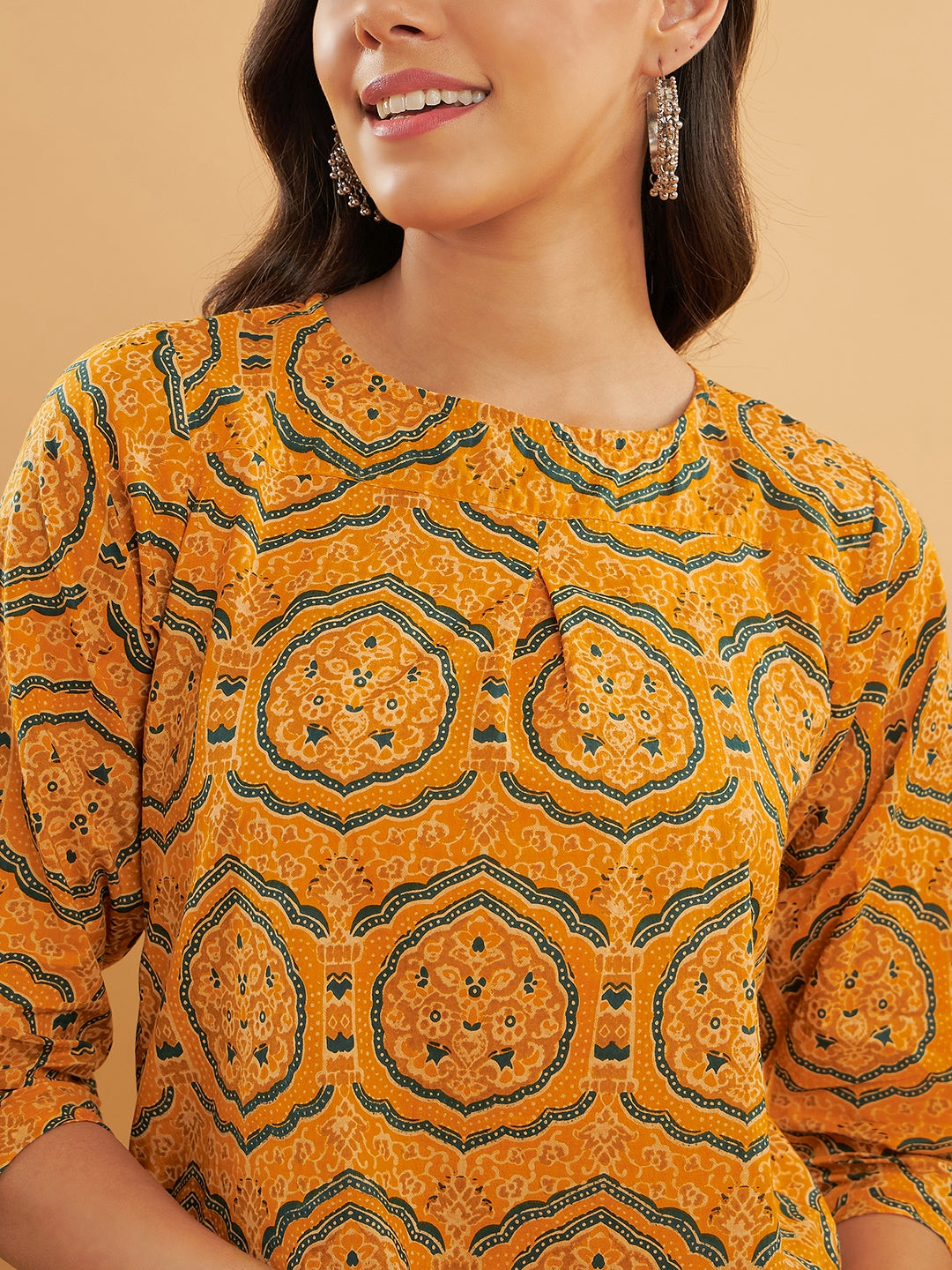 InWeave Women's Haldi Yellow Mughal Kalamkari Top | Grocsy