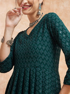 InWeave Women's Forest Green Chikankari Long Anarkali Kurta Sharara Set | Grocsy