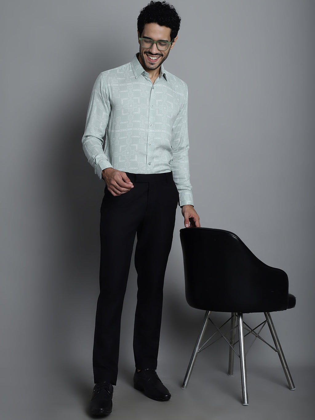 Jainish Men's Geomatric Printed Formal Shirts - Pista | Grocsy