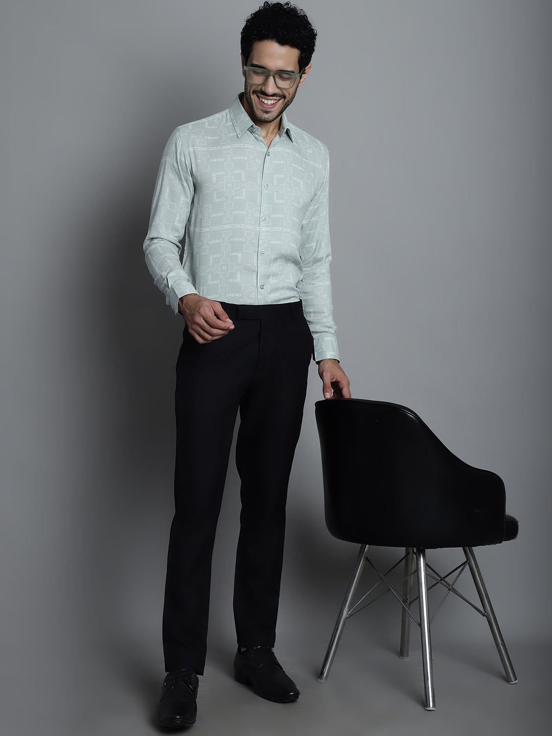 Jainish Men's Geomatric Printed Formal Shirts - Pista | Grocsy