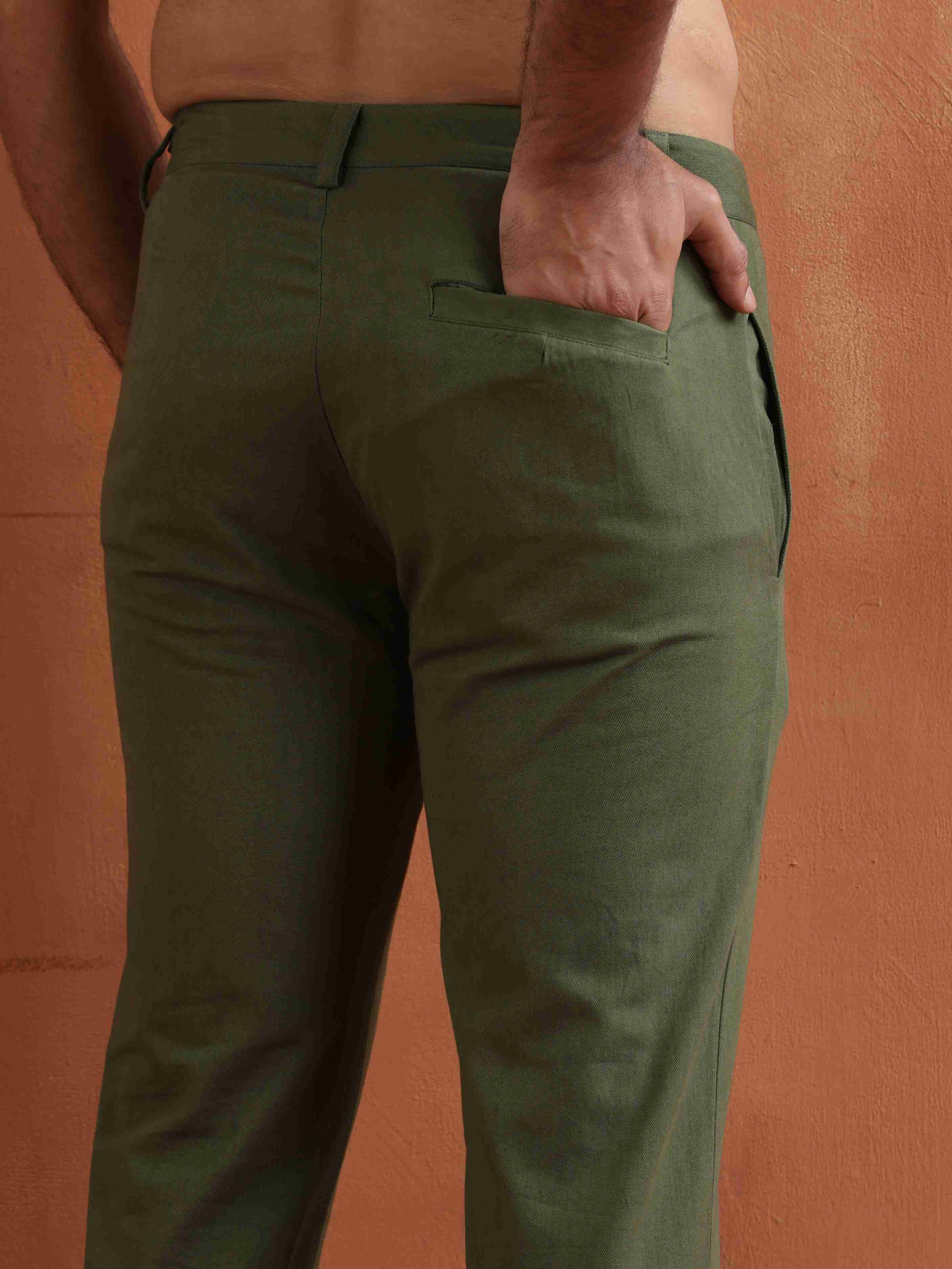 trueBrowns Men's Olive Green Cotton Twill Pants | Grocsy