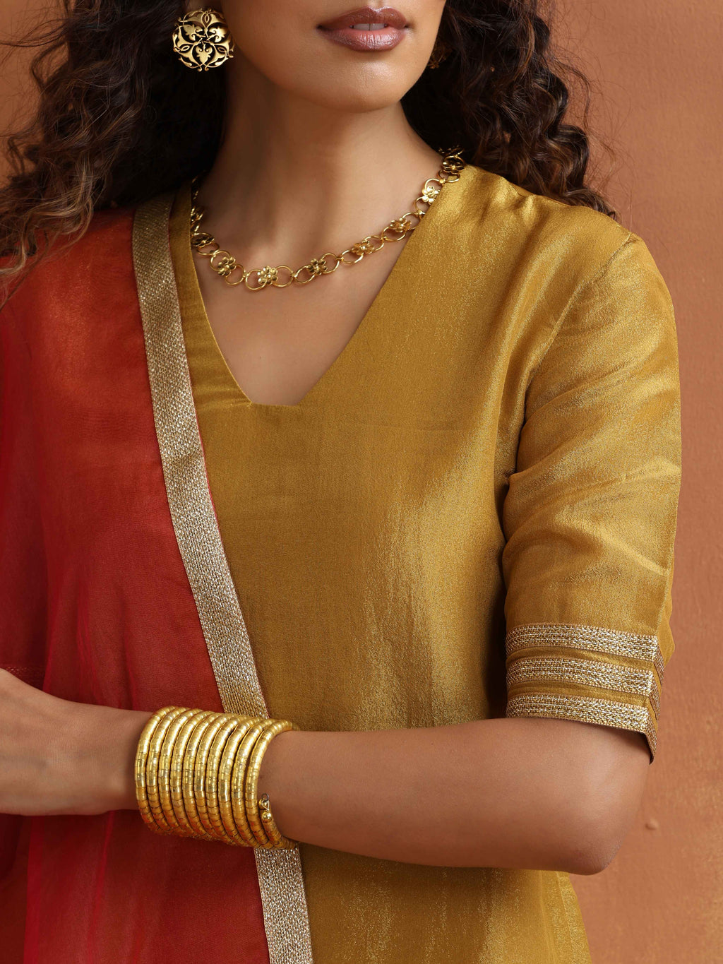 trueBrowns Gold Tissue Sharara Dupatta Set | Grocsy