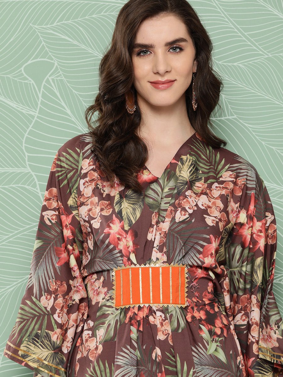 Ahalyaa Women Floral Printed Flared Sleeves Gotta Patti Crepe Kaftan Kurta | Grocsy