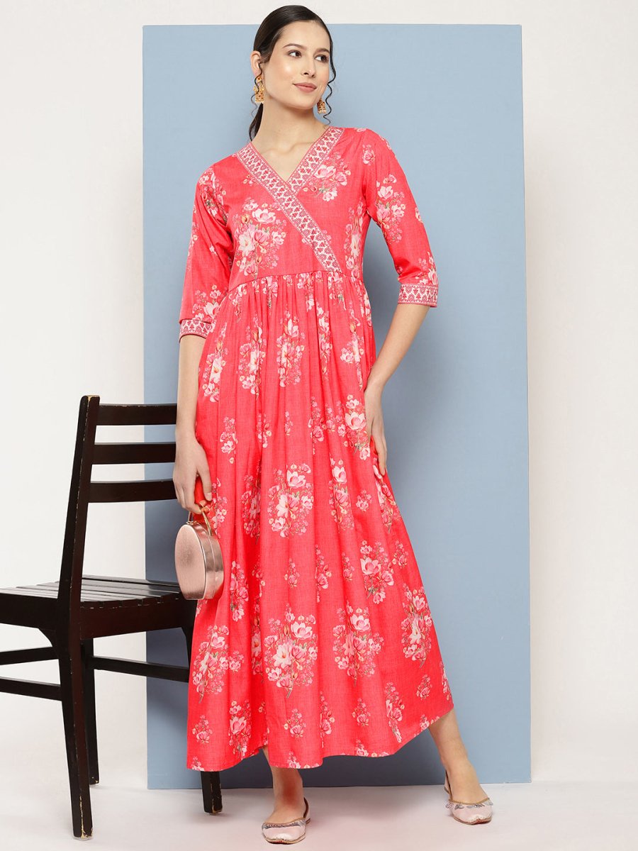 Ahalyaa Floral Printed Pleated Maxi Empire Ethnic Dress | Grocsy