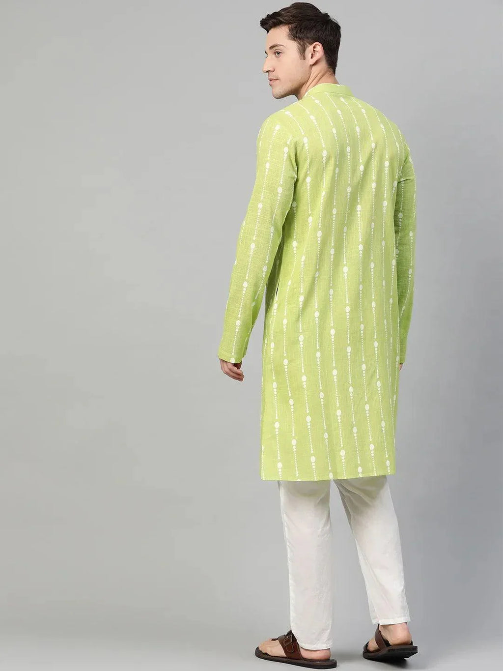 Fabmade Lime Green And White Printed Straight Kurta Pyjama | Grocsy