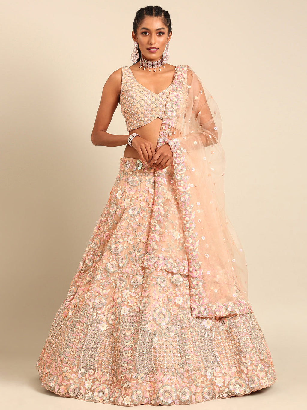 House of Panchhi Peach Net Multi Sequins with heavy Zarkan embroidery Lehenga choli & Dupatta | Grocsy