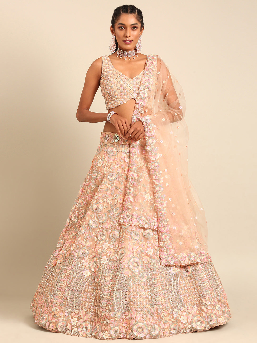 House of Panchhi Peach Net Multi Sequins with heavy Zarkan embroidery Lehenga choli & Dupatta | Grocsy