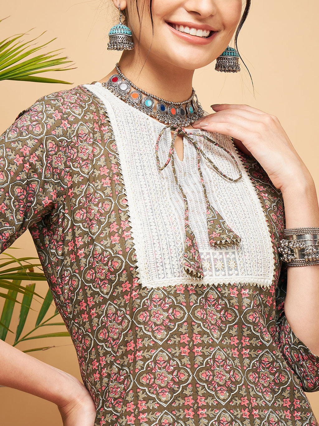 InWeave Women's Green Red Ajrakh Print Cotton Patch Work Straight Kurta | Grocsy